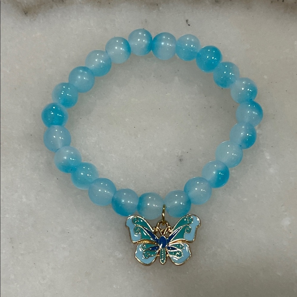 Aqua Beaded Bracelet with Butterfly Accent